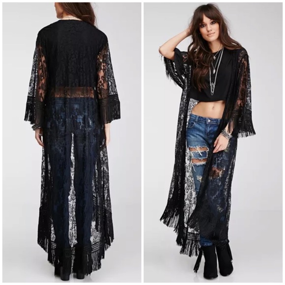 SOLD OUT Black Lace Boho Fringe Tassel Maxi Duster Wrap - Picture 2 of 2